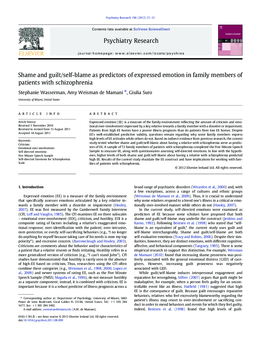 Shame and guilt/self-blame as predictors of expressed emotion in family members of patients with schizophrenia