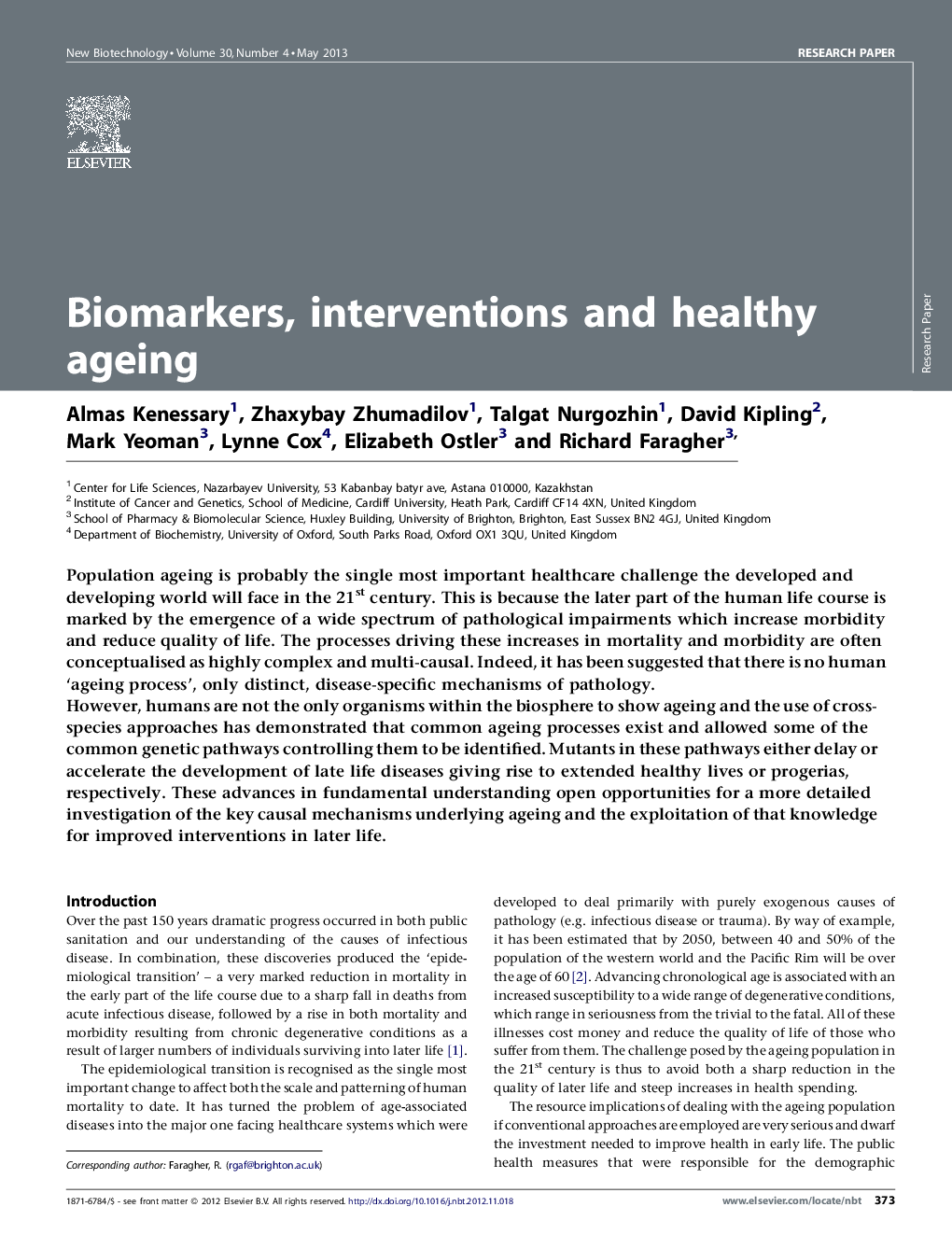 Biomarkers, interventions and healthy ageing