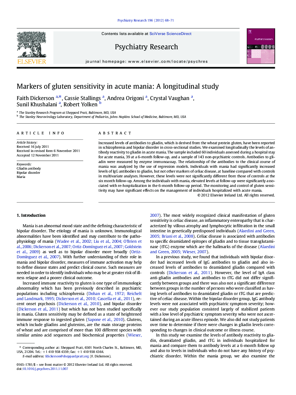 Markers of gluten sensitivity in acute mania: A longitudinal study