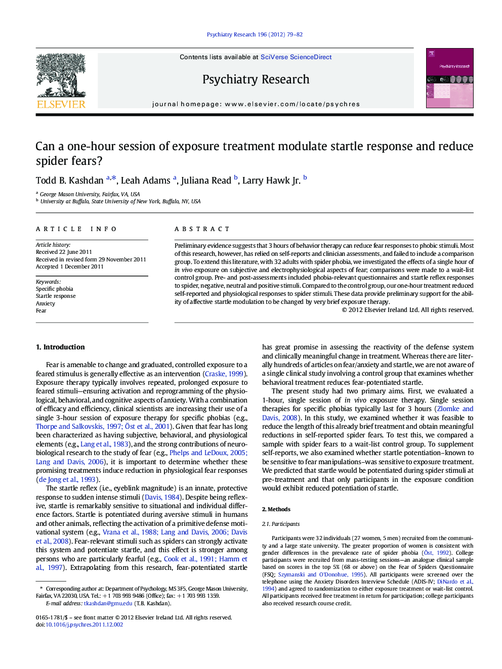 Can a one-hour session of exposure treatment modulate startle response and reduce spider fears?