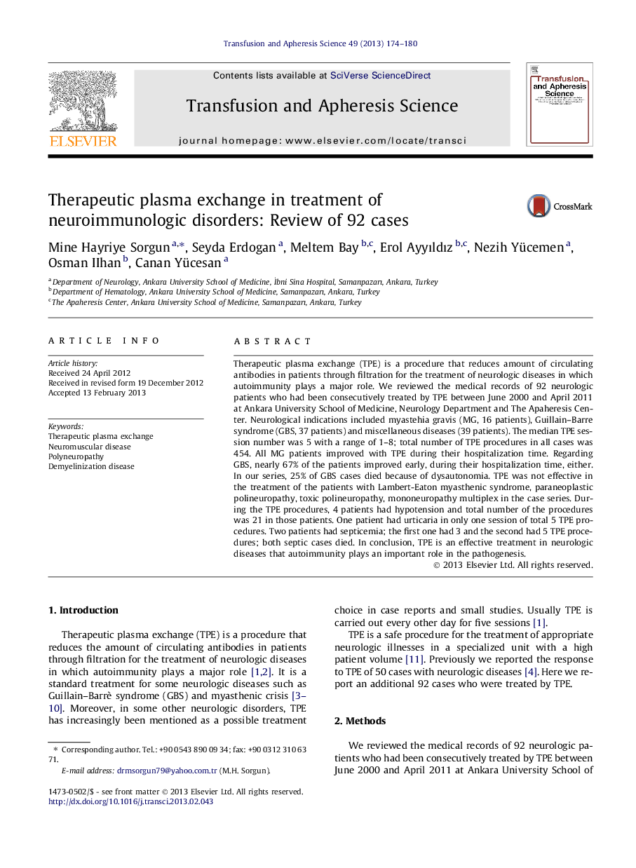 Therapeutic plasma exchange in treatment of neuroimmunologic disorders: Review of 92 cases