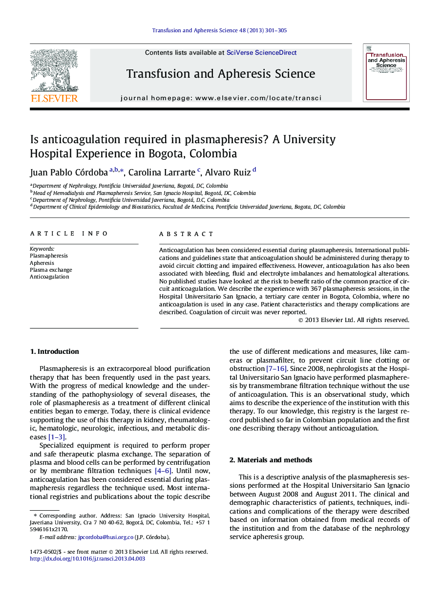 Is anticoagulation required in plasmapheresis? A University Hospital Experience in Bogota, Colombia