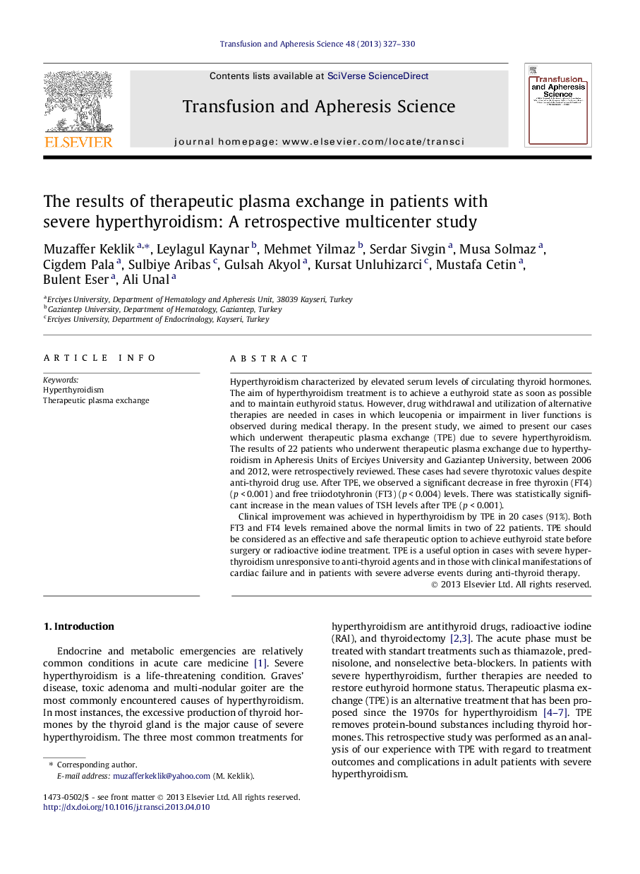 The results of therapeutic plasma exchange in patients with severe hyperthyroidism: A retrospective multicenter study