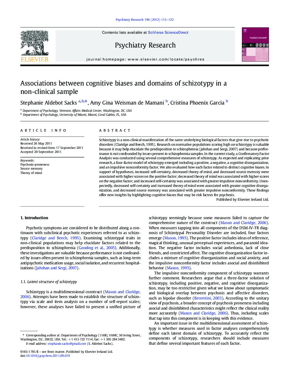 Associations between cognitive biases and domains of schizotypy in a non-clinical sample