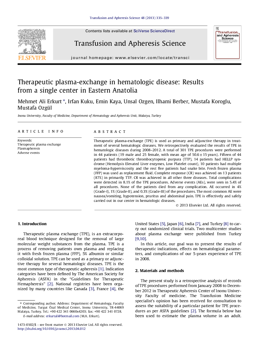 Therapeutic plasma-exchange in hematologic disease: Results from a single center in Eastern Anatolia