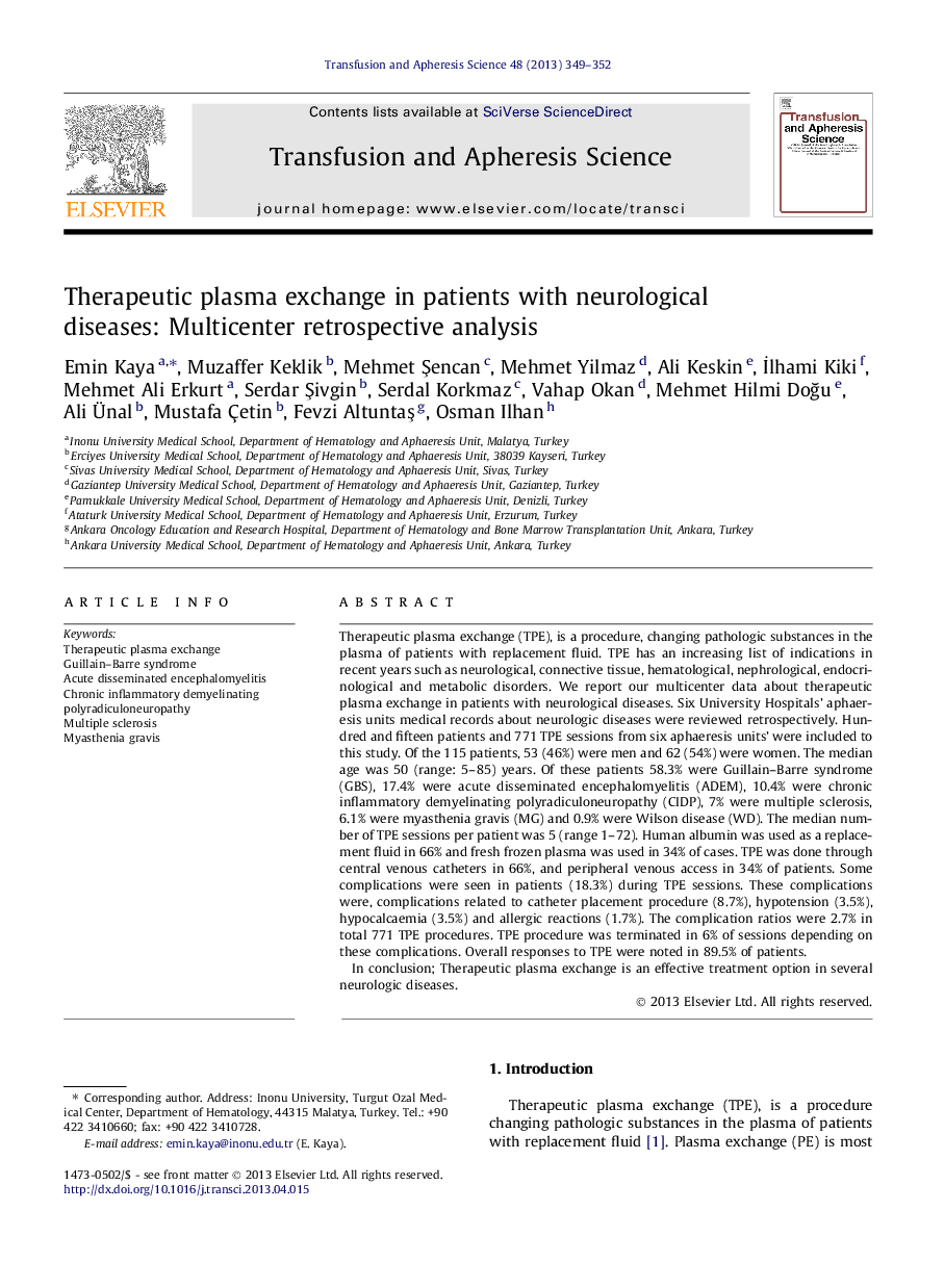 Therapeutic plasma exchange in patients with neurological diseases: Multicenter retrospective analysis