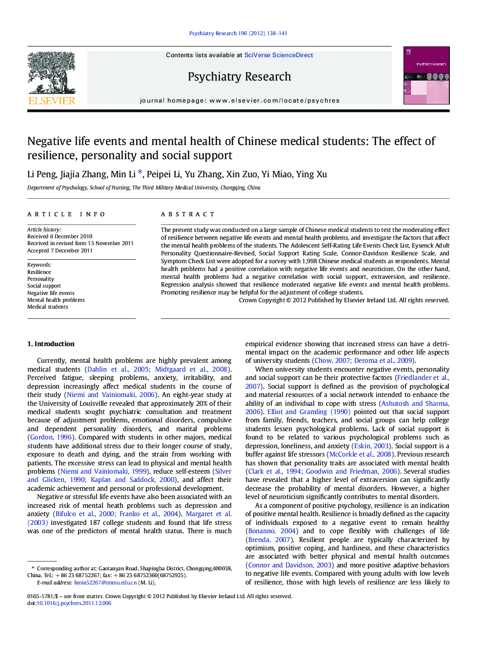 Negative life events and mental health of Chinese medical students: The effect of resilience, personality and social support