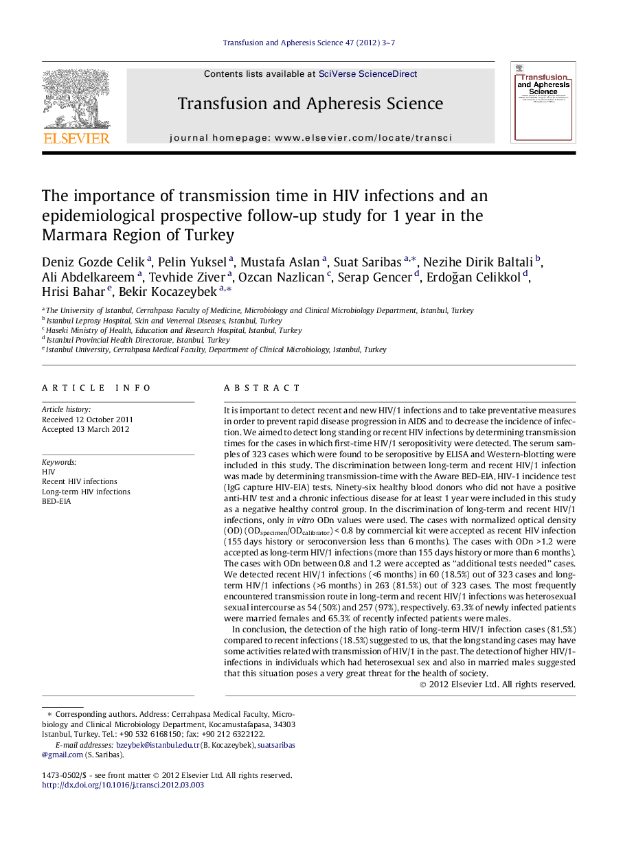 The importance of transmission time in HIV infections and an epidemiological prospective follow-up study for 1 year in the Marmara Region of Turkey