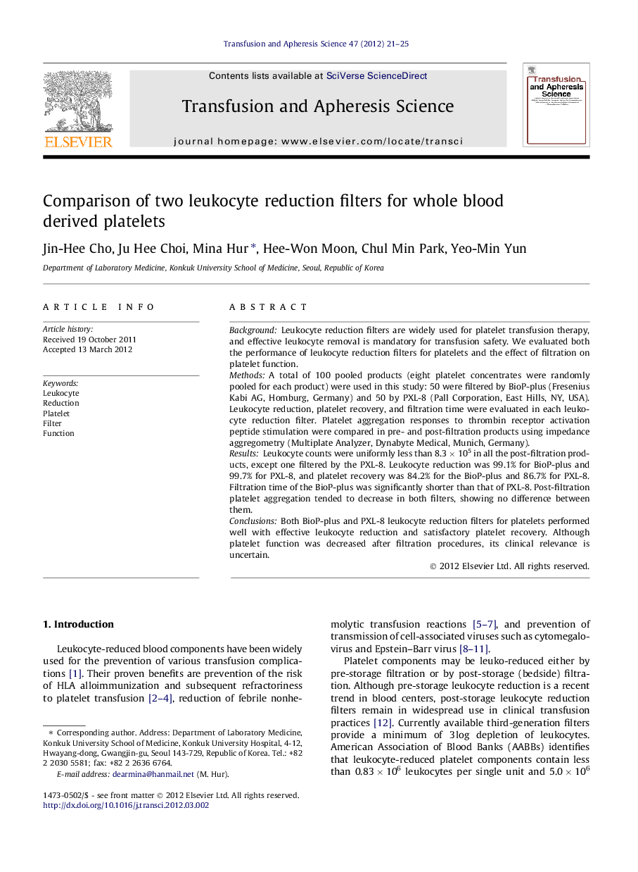 Comparison of two leukocyte reduction filters for whole blood derived platelets