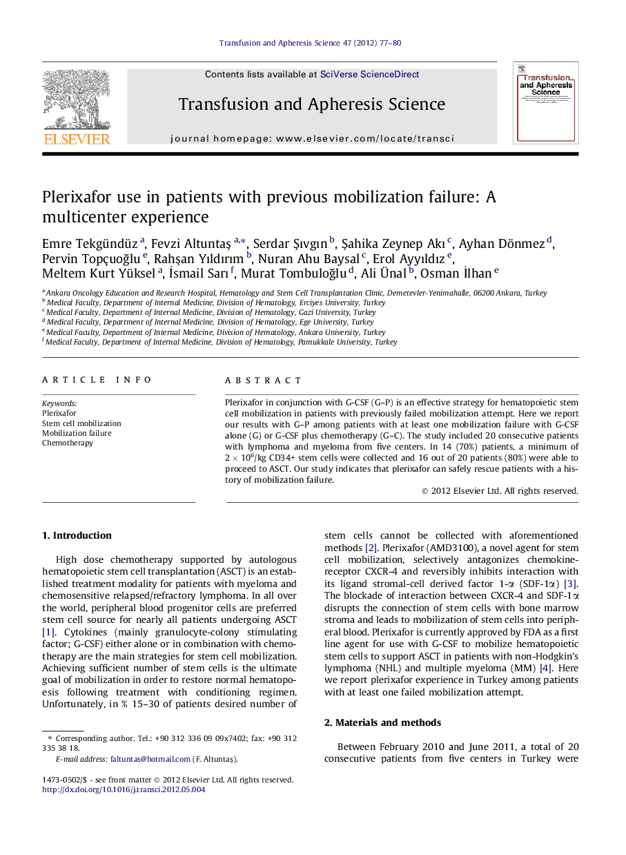 Plerixafor use in patients with previous mobilization failure: A multicenter experience