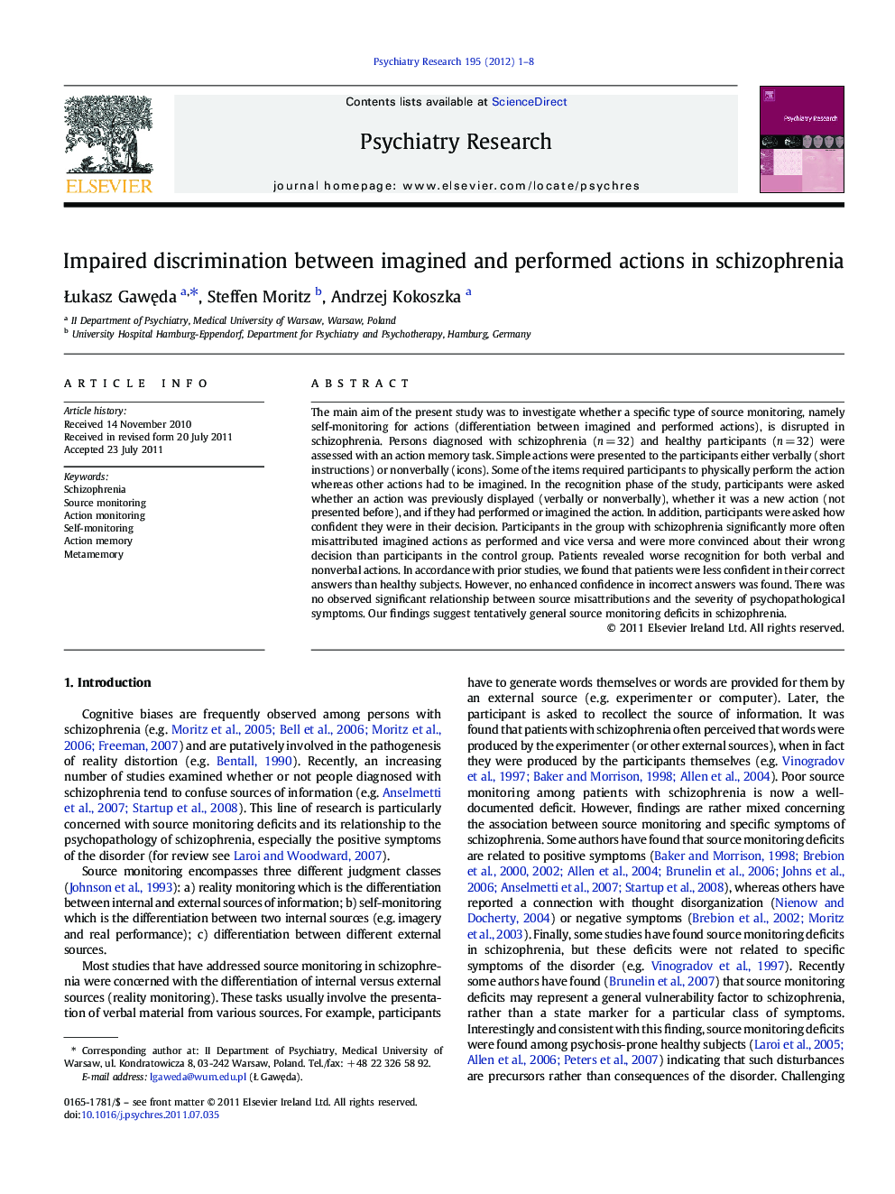 Impaired discrimination between imagined and performed actions in schizophrenia