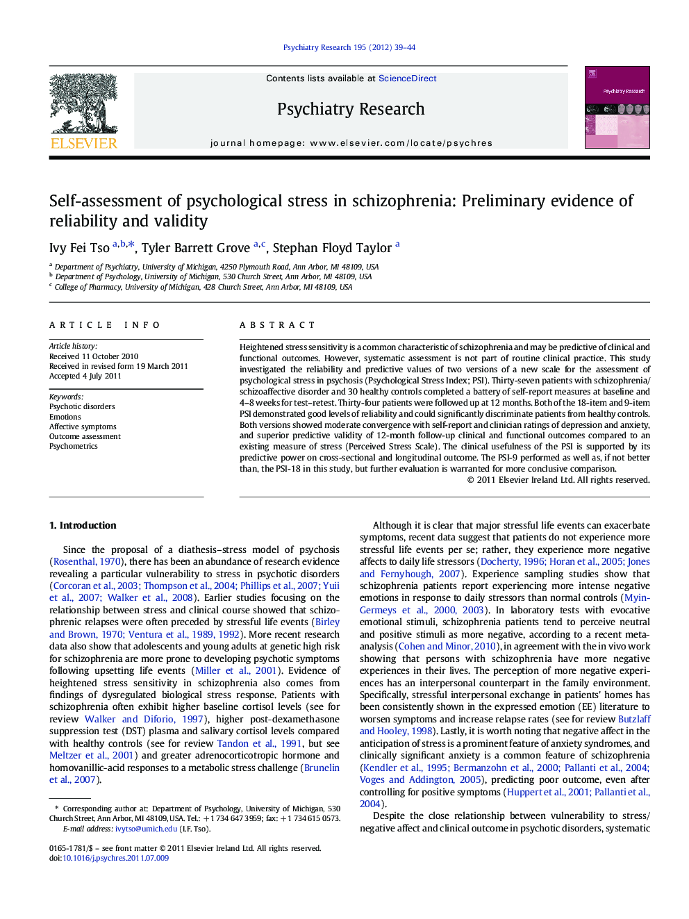 Self-assessment of psychological stress in schizophrenia: Preliminary evidence of reliability and validity