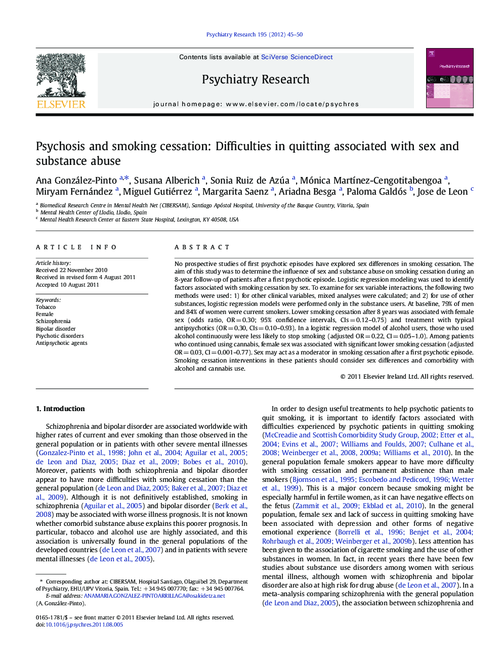 Psychosis and smoking cessation: Difficulties in quitting associated with sex and substance abuse