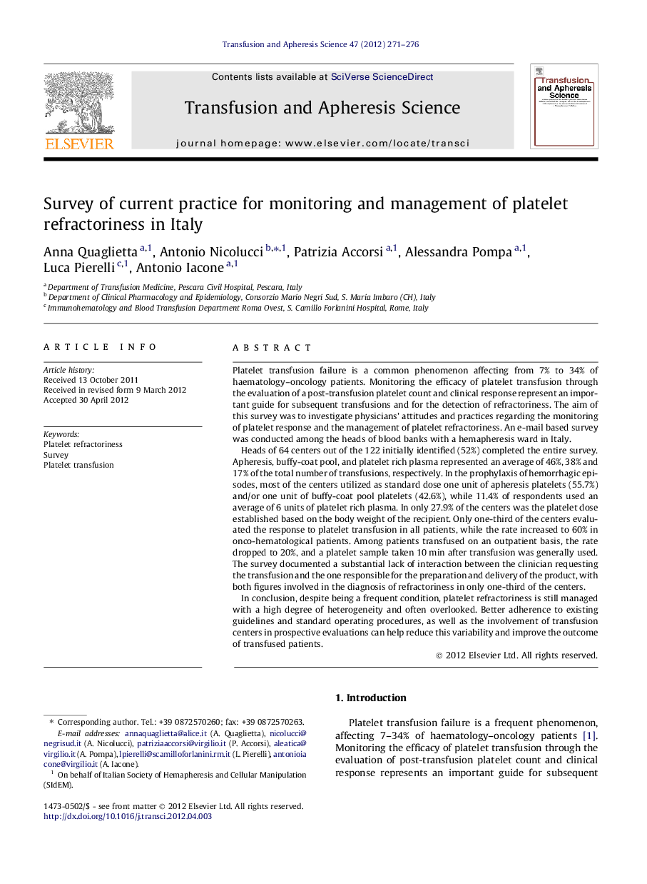 Survey of current practice for monitoring and management of platelet refractoriness in Italy