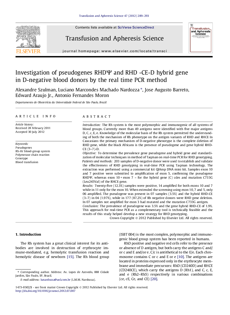 Investigation of pseudogenes RHDΨ and RHD -CE-D hybrid gene in D-negative blood donors by the real time PCR method