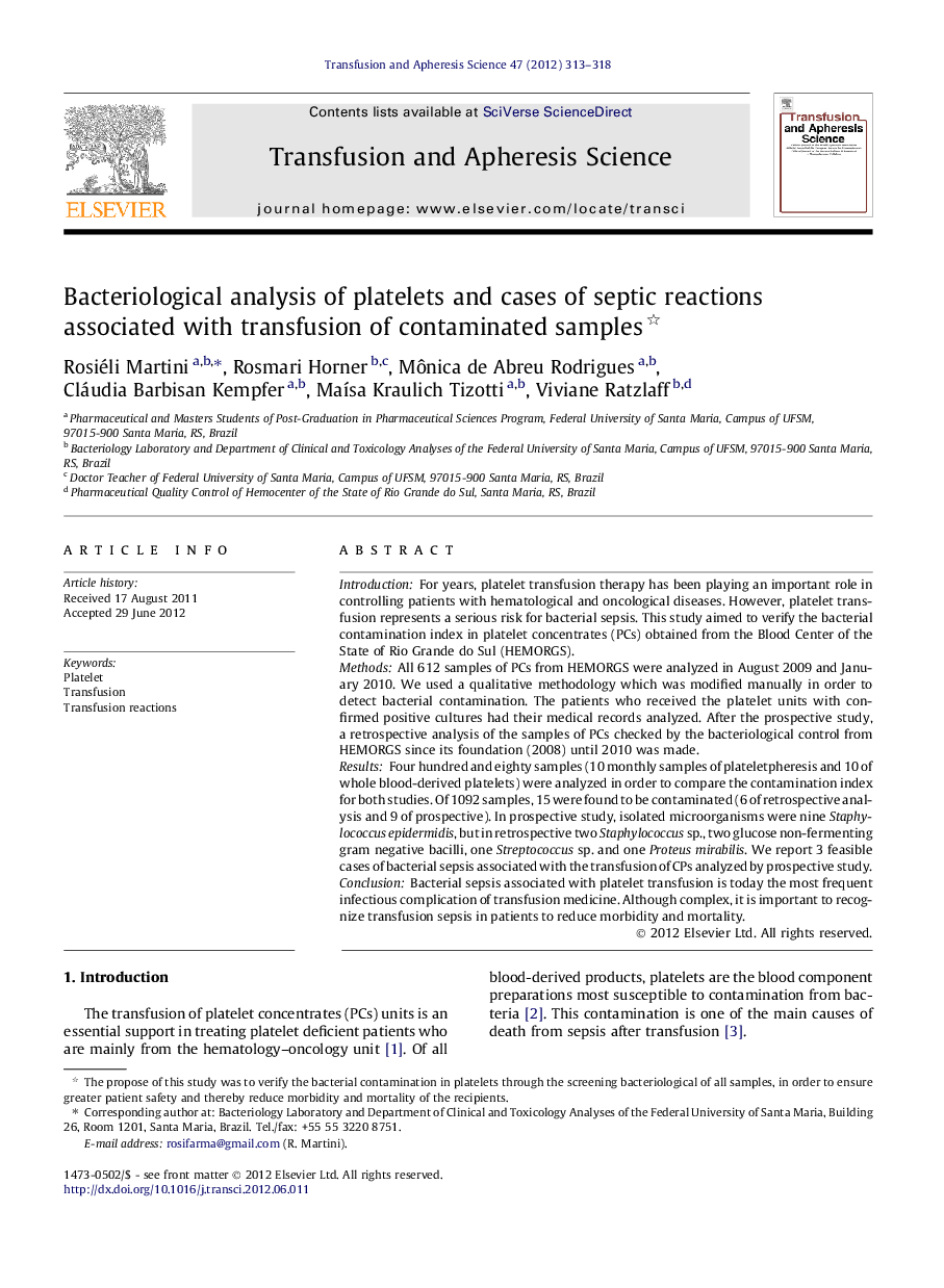 Bacteriological analysis of platelets and cases of septic reactions associated with transfusion of contaminated samples 