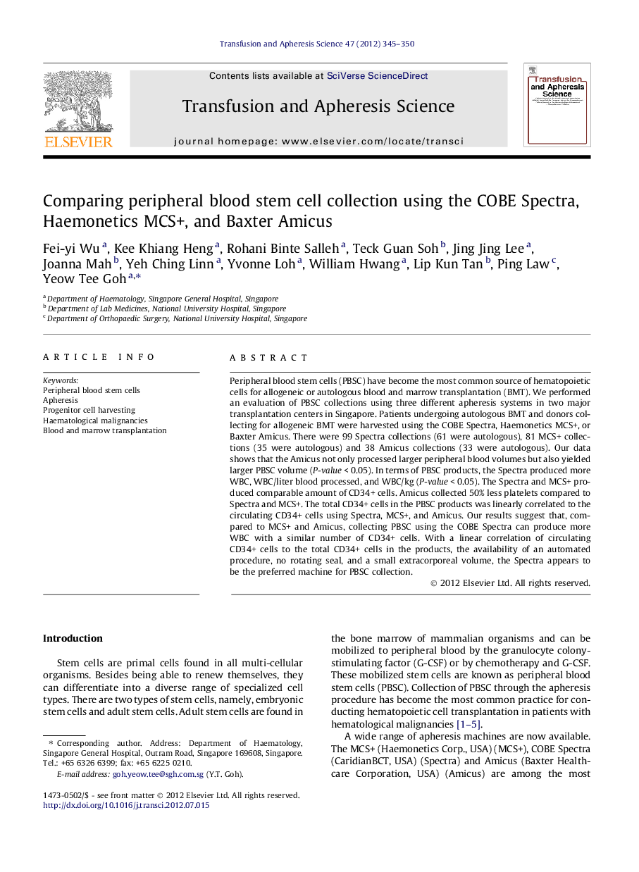 Comparing peripheral blood stem cell collection using the COBE Spectra, Haemonetics MCS+, and Baxter Amicus