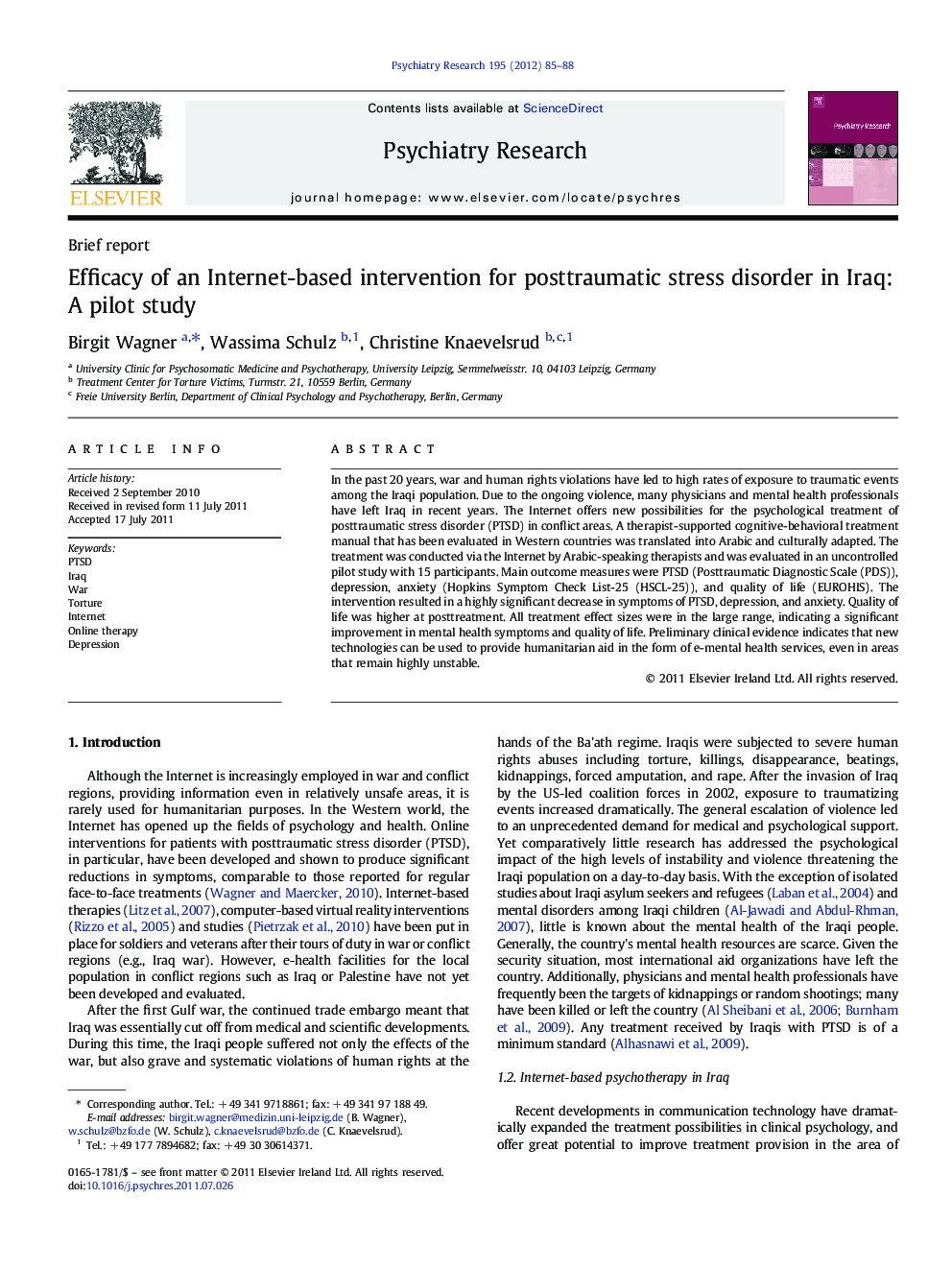 Efficacy of an Internet-based intervention for posttraumatic stress disorder in Iraq: A pilot study