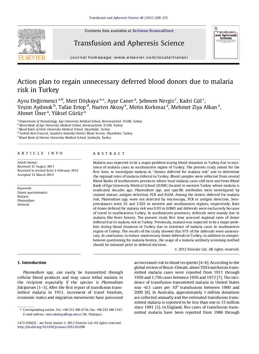 Action plan to regain unnecessary deferred blood donors due to malaria risk in Turkey