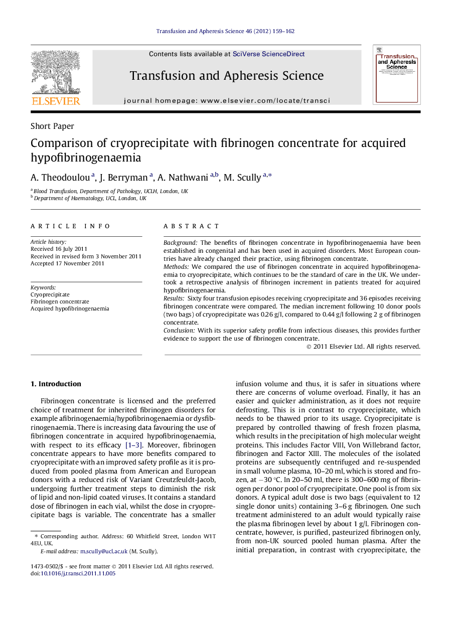 Comparison of cryoprecipitate with fibrinogen concentrate for acquired hypofibrinogenaemia