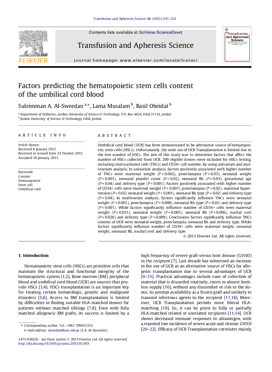 Factors predicting the hematopoietic stem cells content of the umbilical cord blood