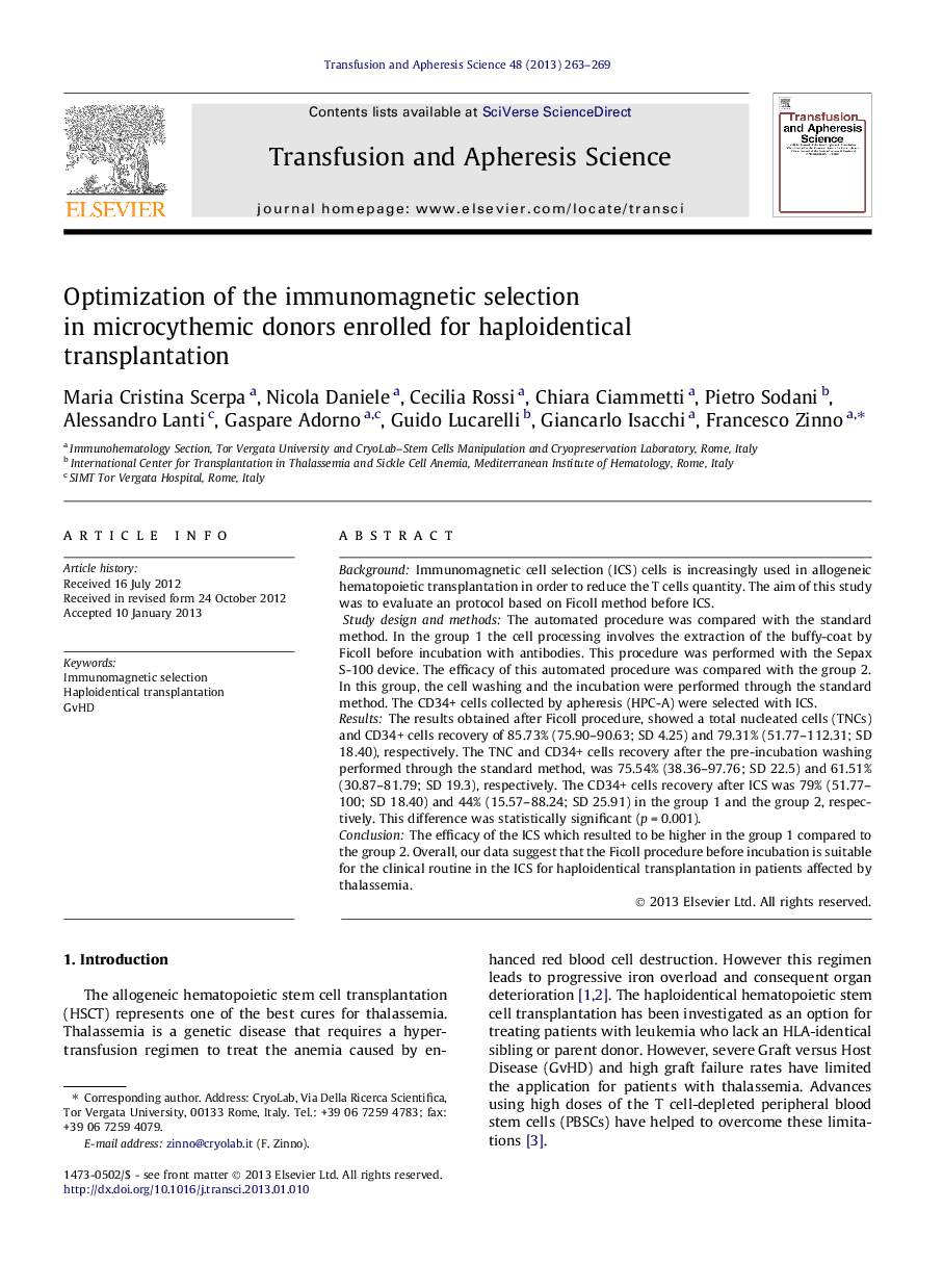 Optimization of the immunomagnetic selection in microcythemic donors enrolled for haploidentical transplantation