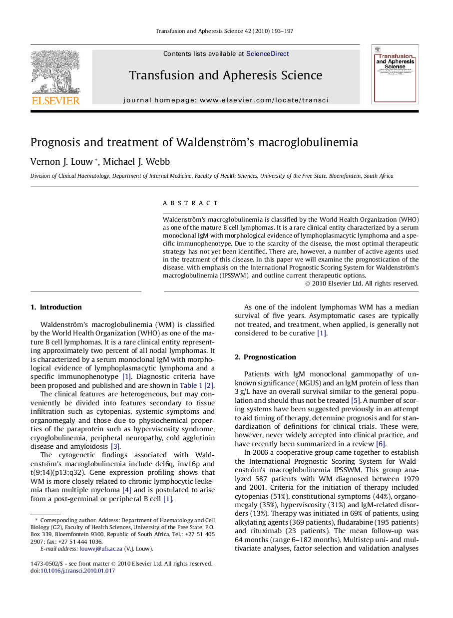 Prognosis and treatment of Waldenström’s macroglobulinemia