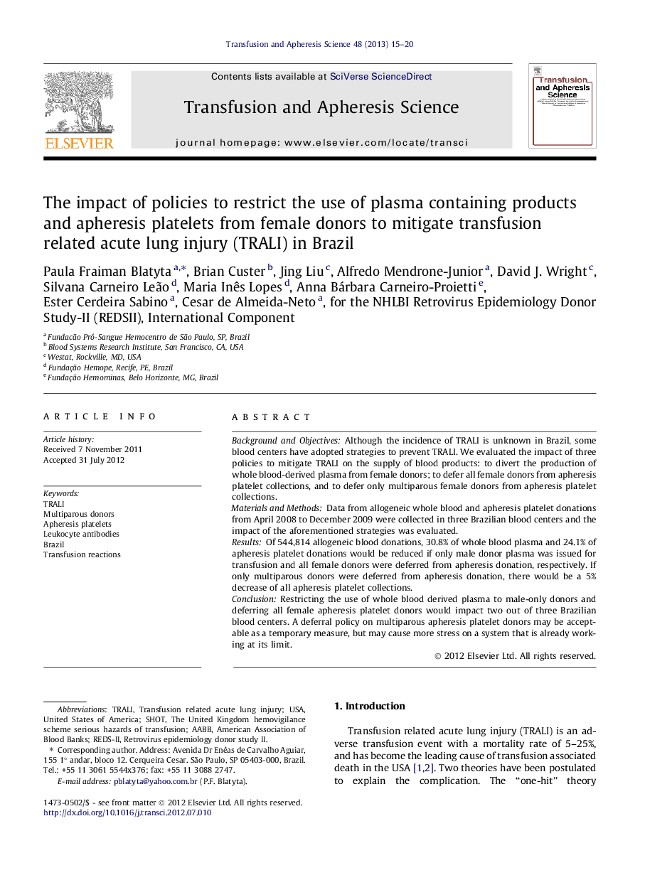 The impact of policies to restrict the use of plasma containing products and apheresis platelets from female donors to mitigate transfusion related acute lung injury (TRALI) in Brazil
