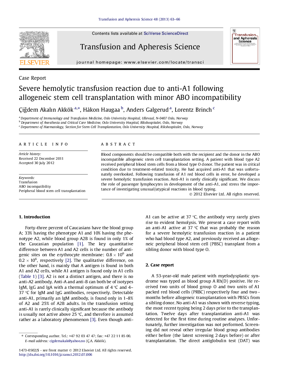 Severe hemolytic transfusion reaction due to anti-A1 following allogeneic stem cell transplantation with minor ABO incompatibility