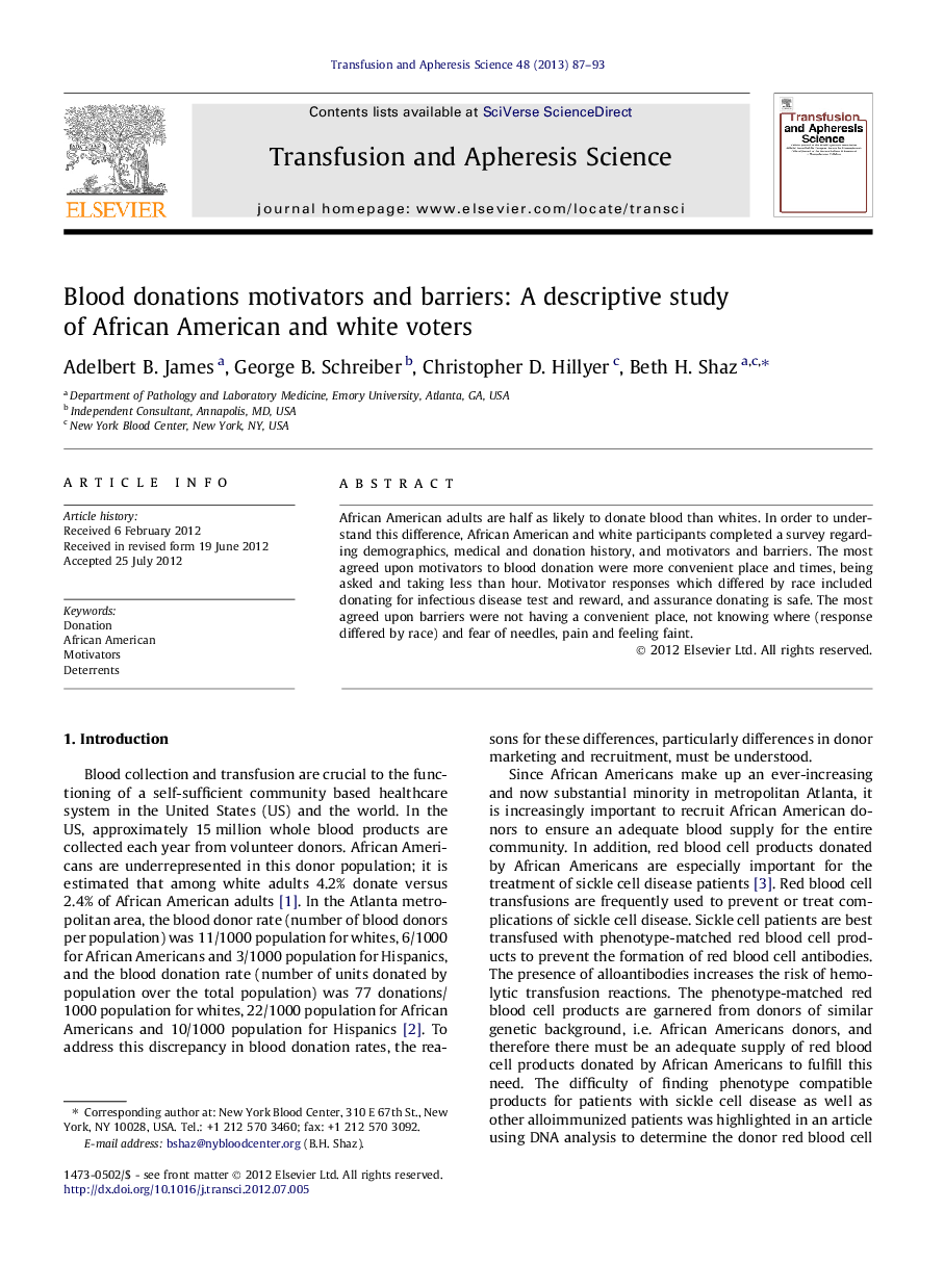 Blood donations motivators and barriers: A descriptive study of African American and white voters