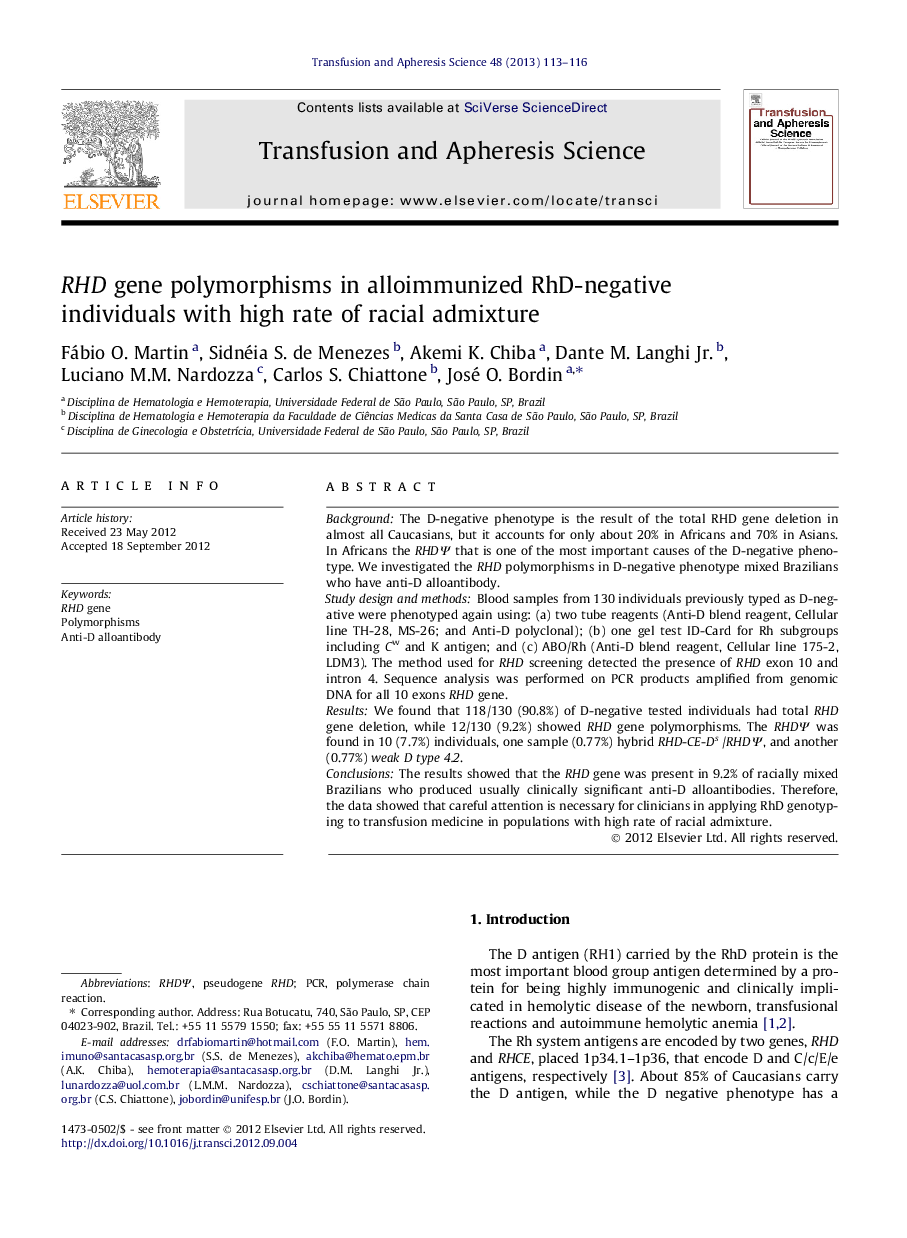 RHD gene polymorphisms in alloimmunized RhD-negative individuals with high rate of racial admixture