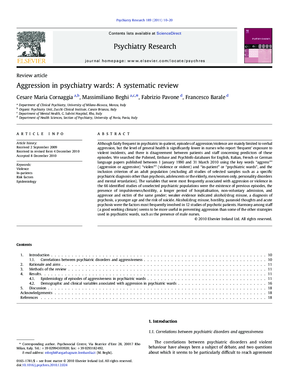 Aggression in psychiatry wards: A systematic review