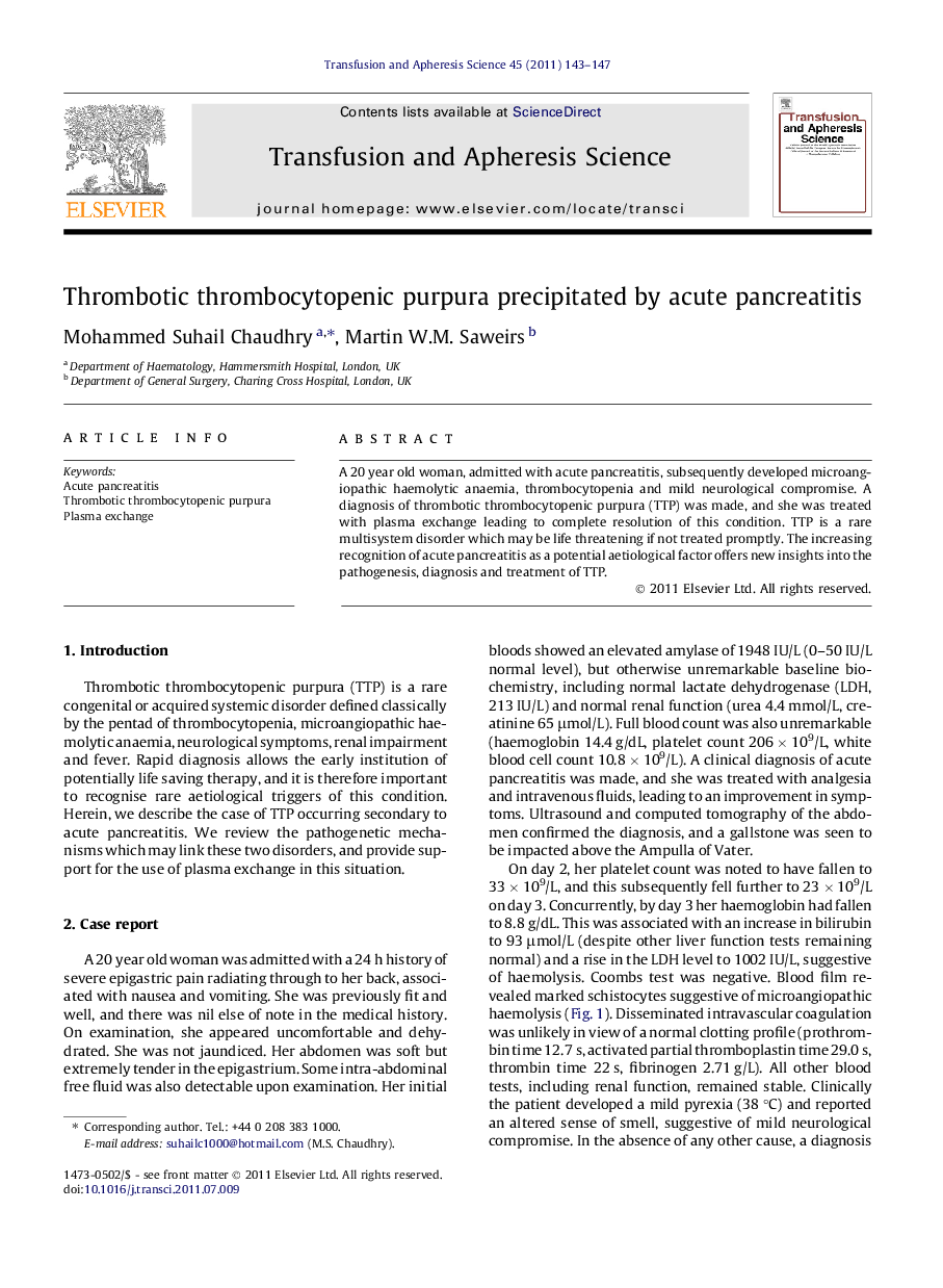 Thrombotic thrombocytopenic purpura precipitated by acute pancreatitis