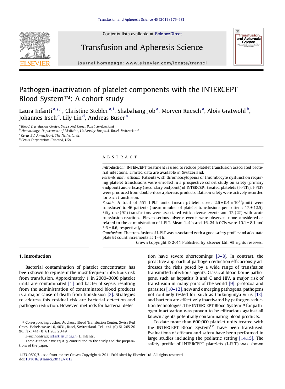 Pathogen-inactivation of platelet components with the INTERCEPT Blood System™: A cohort study