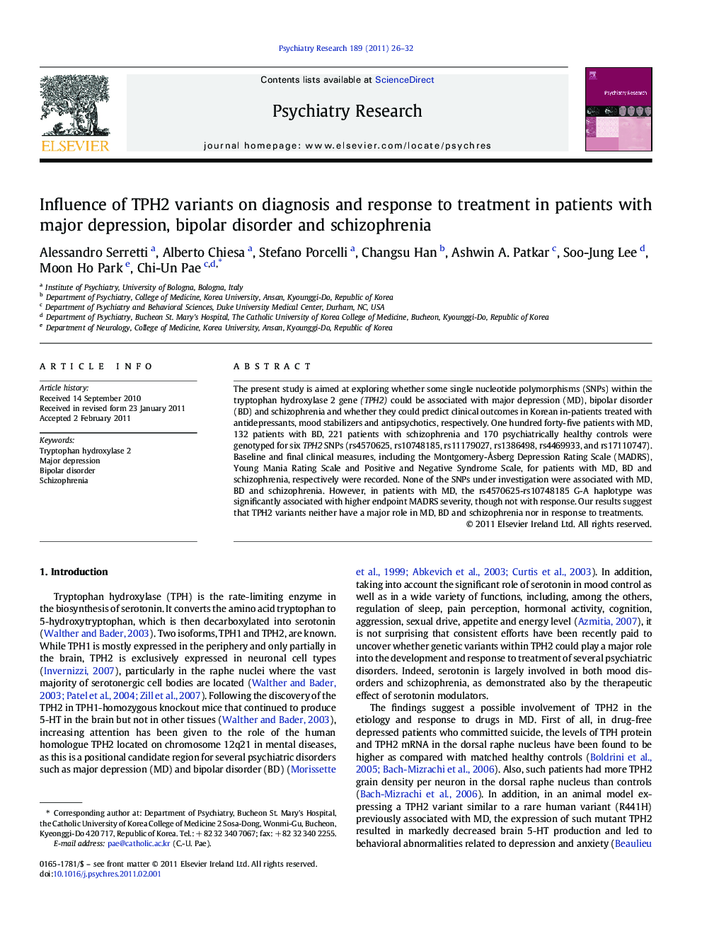 Influence of TPH2 variants on diagnosis and response to treatment in patients with major depression, bipolar disorder and schizophrenia