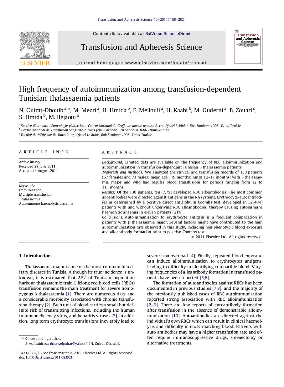 High frequency of autoimmunization among transfusion-dependent Tunisian thalassaemia patients