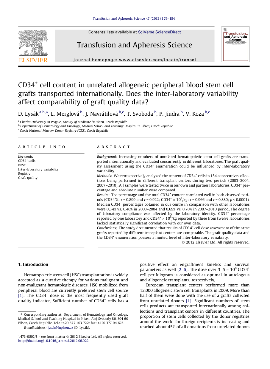 CD34+ cell content in unrelated allogeneic peripheral blood stem cell grafts transported internationally. Does the inter-laboratory variability affect comparability of graft quality data?