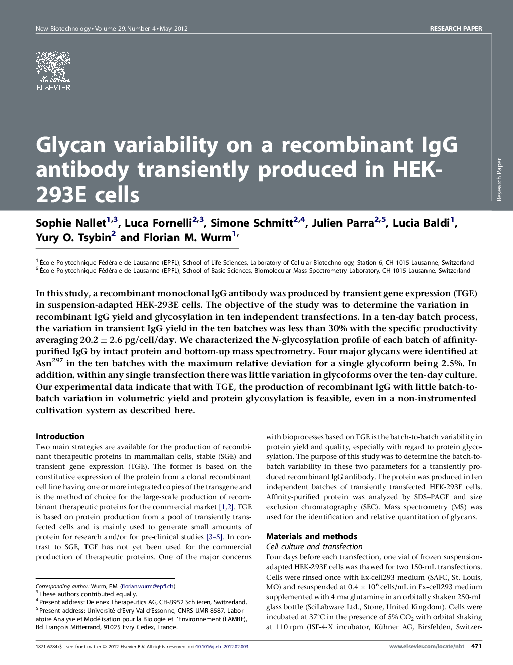 Glycan variability on a recombinant IgG antibody transiently produced in HEK-293E cells
