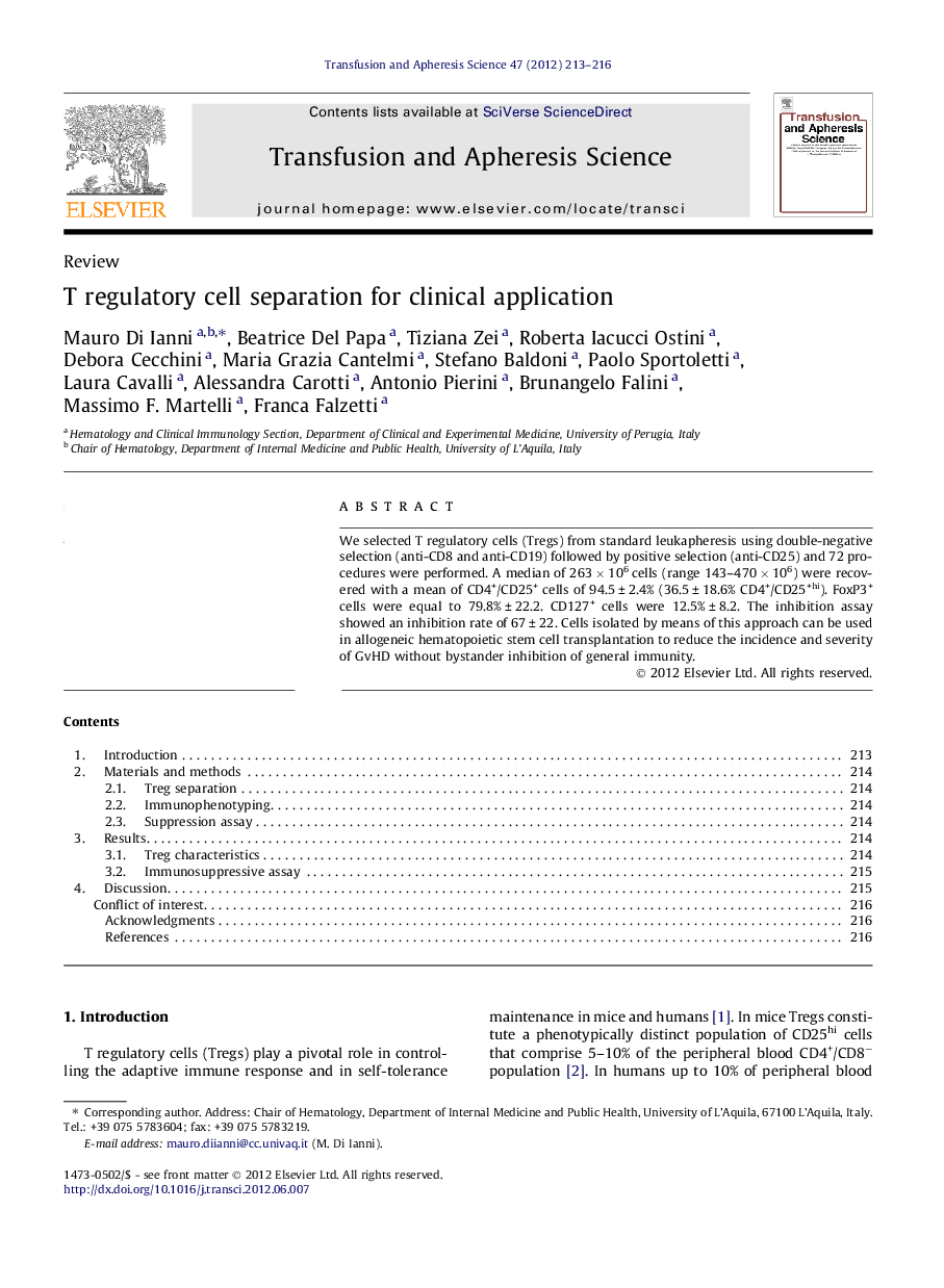 عکس صفحه اول مقاله: T regulatory cell separation for clinical application T regulatory cell separation for clinical application