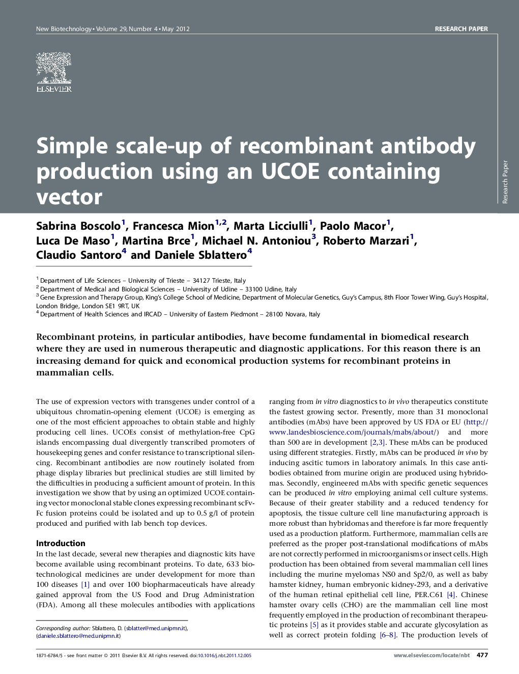 Simple scale-up of recombinant antibody production using an UCOE containing vector