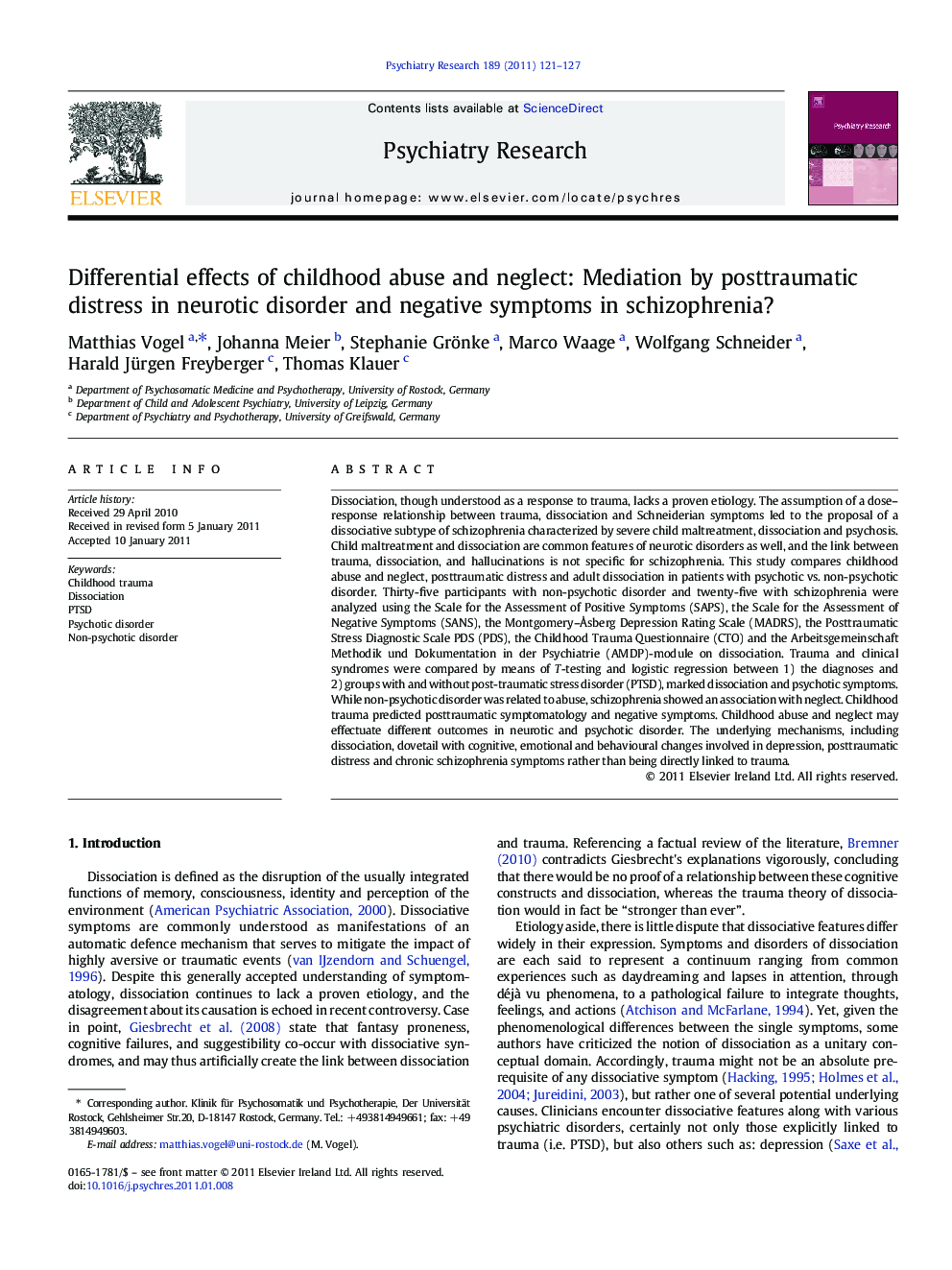 Differential effects of childhood abuse and neglect: Mediation by posttraumatic distress in neurotic disorder and negative symptoms in schizophrenia?