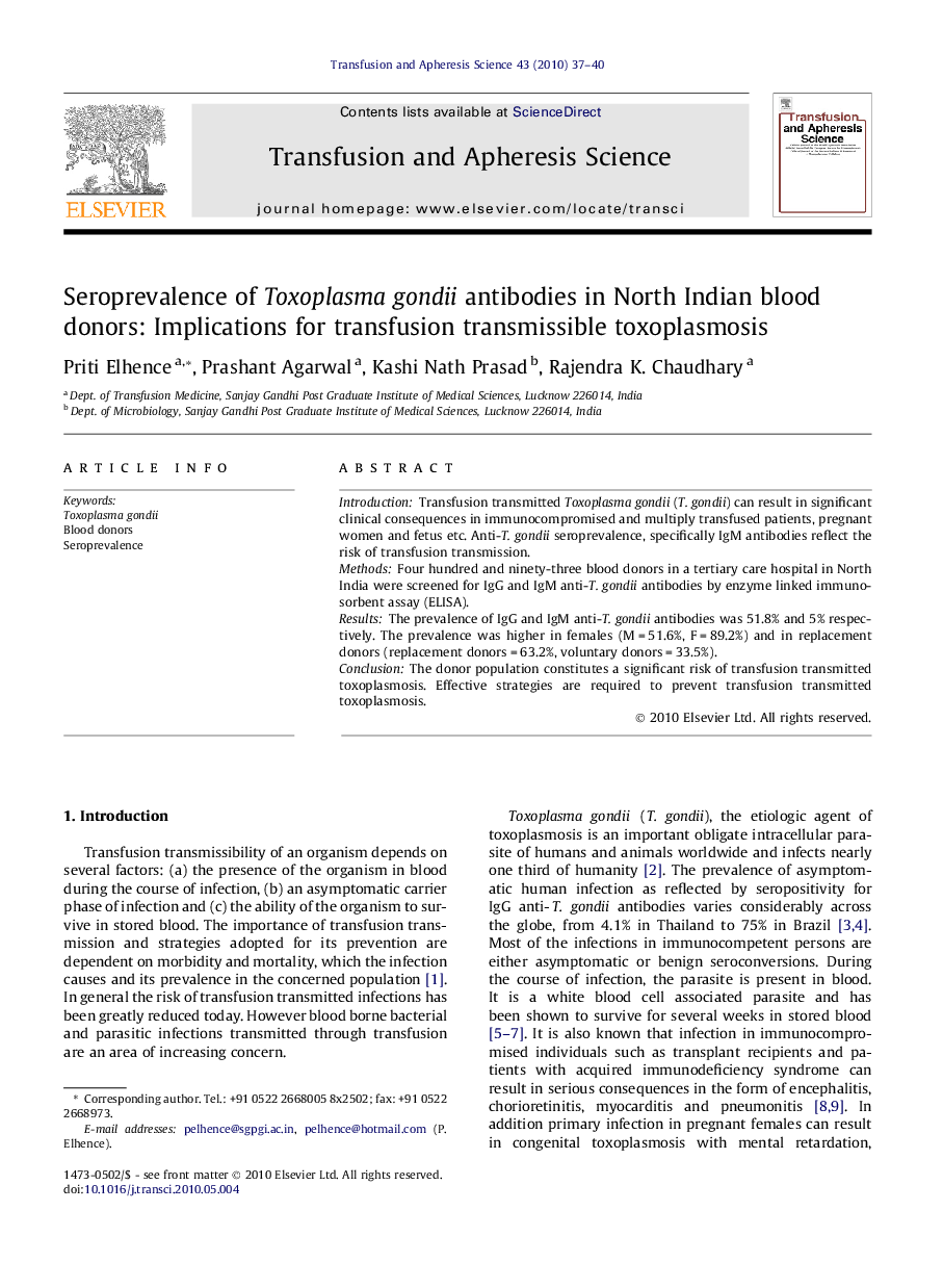 Seroprevalence of Toxoplasma gondii antibodies in North Indian blood donors: Implications for transfusion transmissible toxoplasmosis