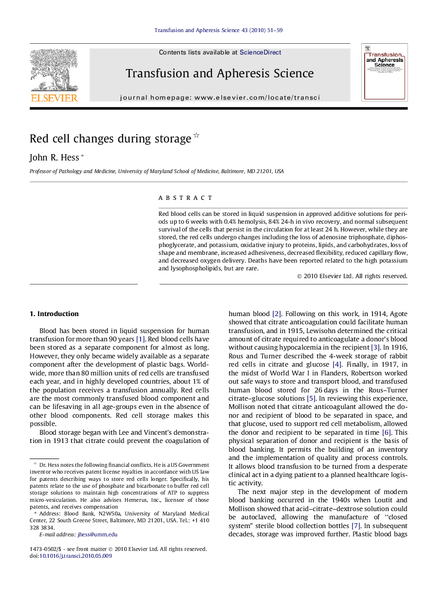 Red cell changes during storage 