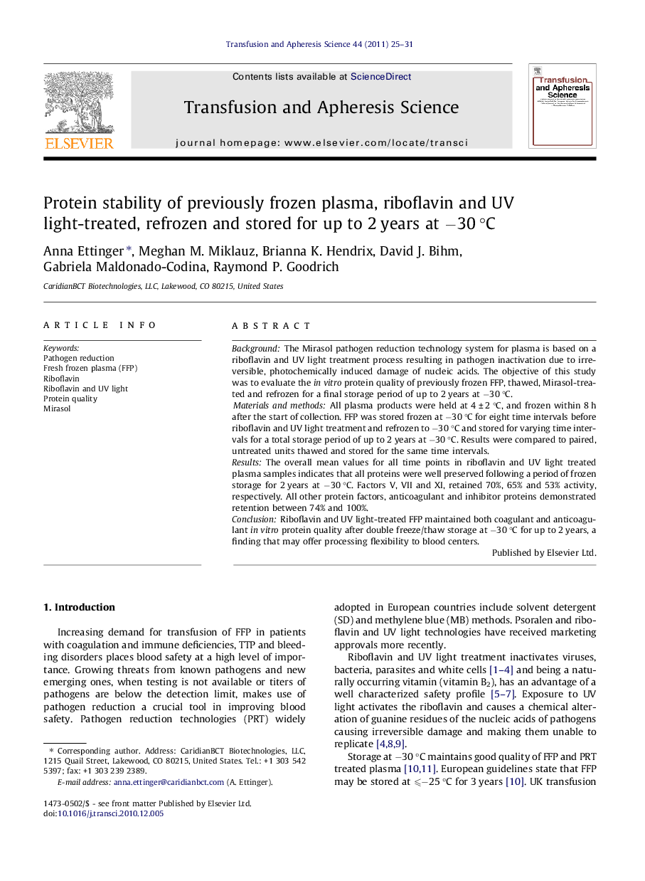 Protein stability of previously frozen plasma, riboflavin and UV light-treated, refrozen and stored for up to 2 years at −30 °C