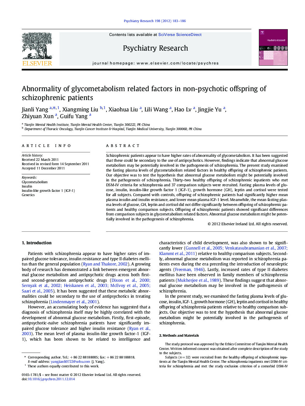 Abnormality of glycometabolism related factors in non-psychotic offspring of schizophrenic patients