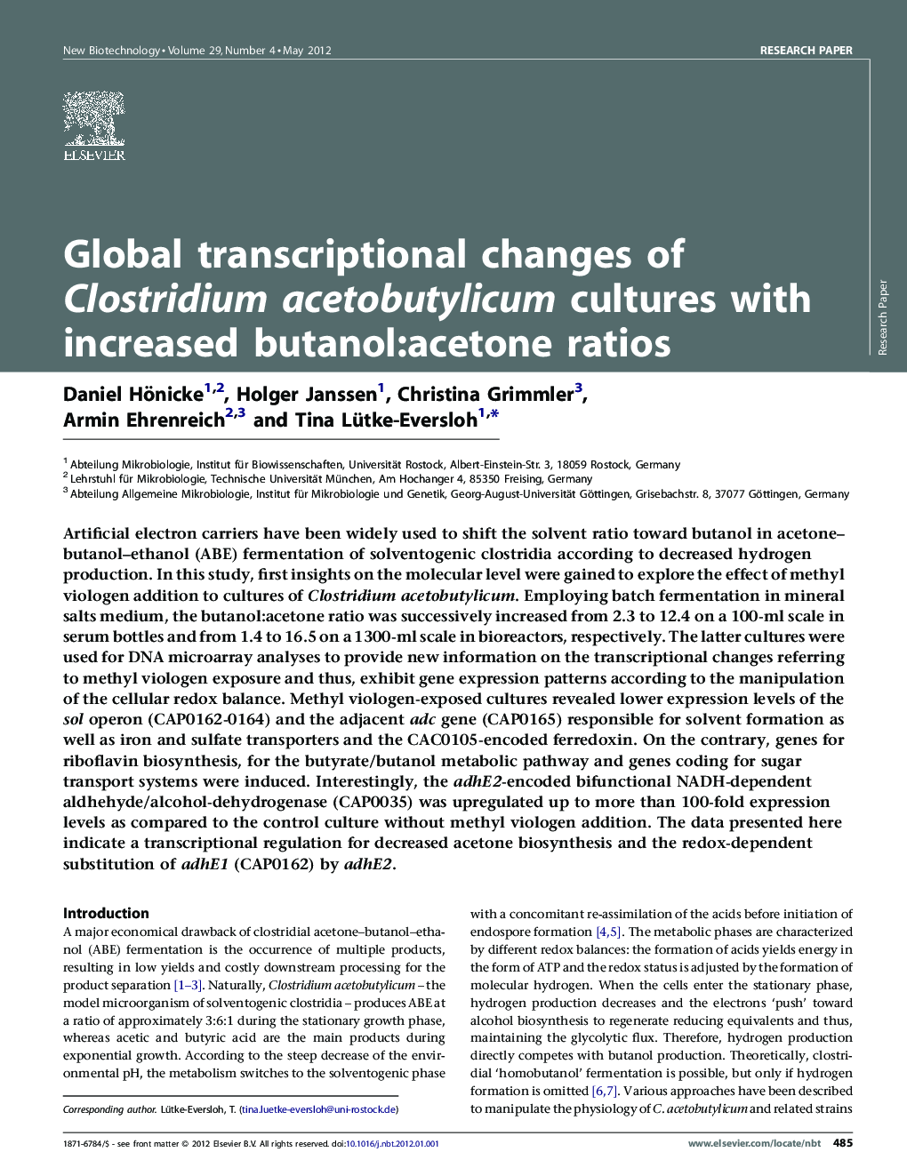 Global transcriptional changes of Clostridium acetobutylicum cultures with increased butanol:acetone ratios