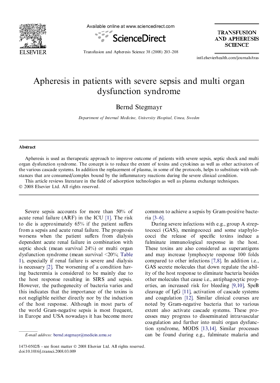 Apheresis in patients with severe sepsis and multi organ dysfunction syndrome