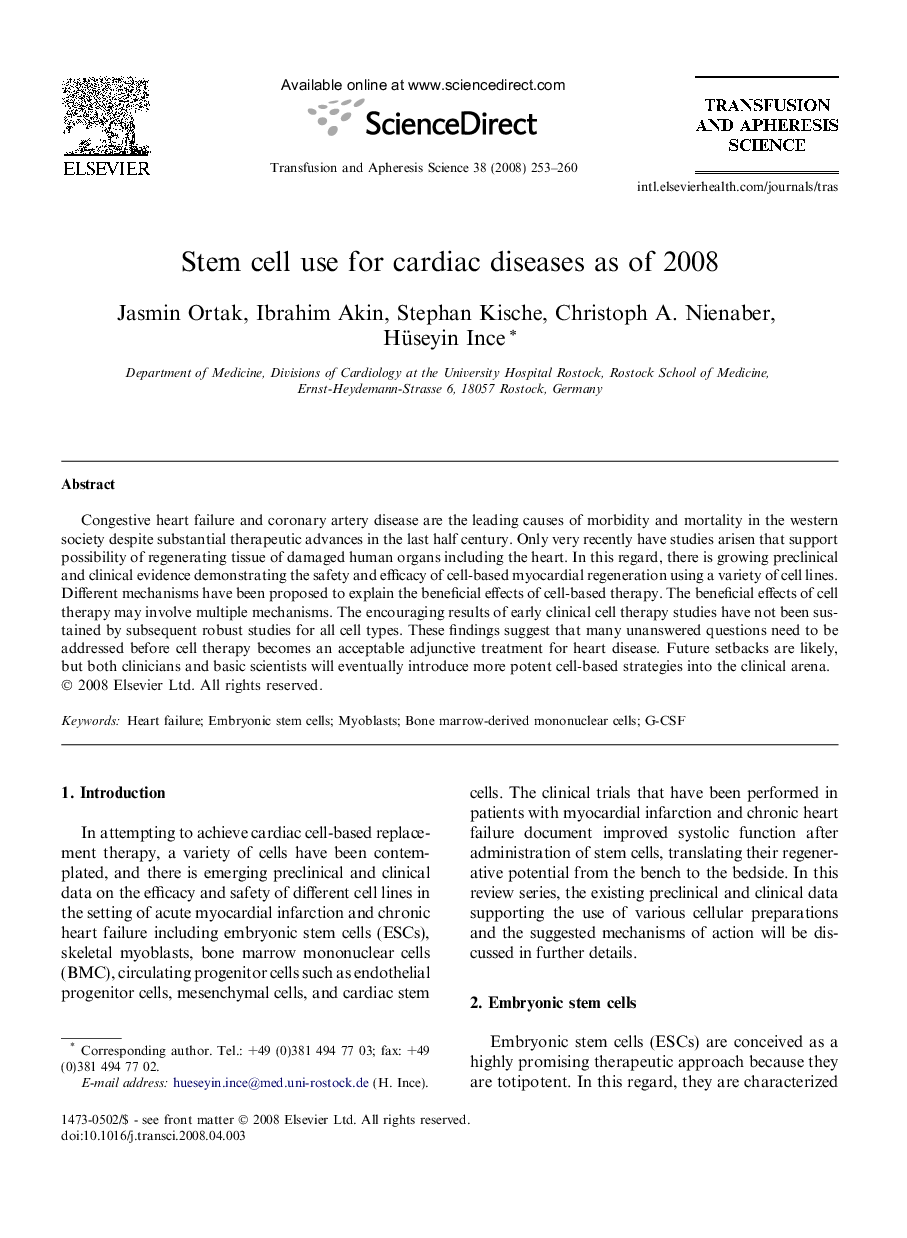 Stem cell use for cardiac diseases as of 2008