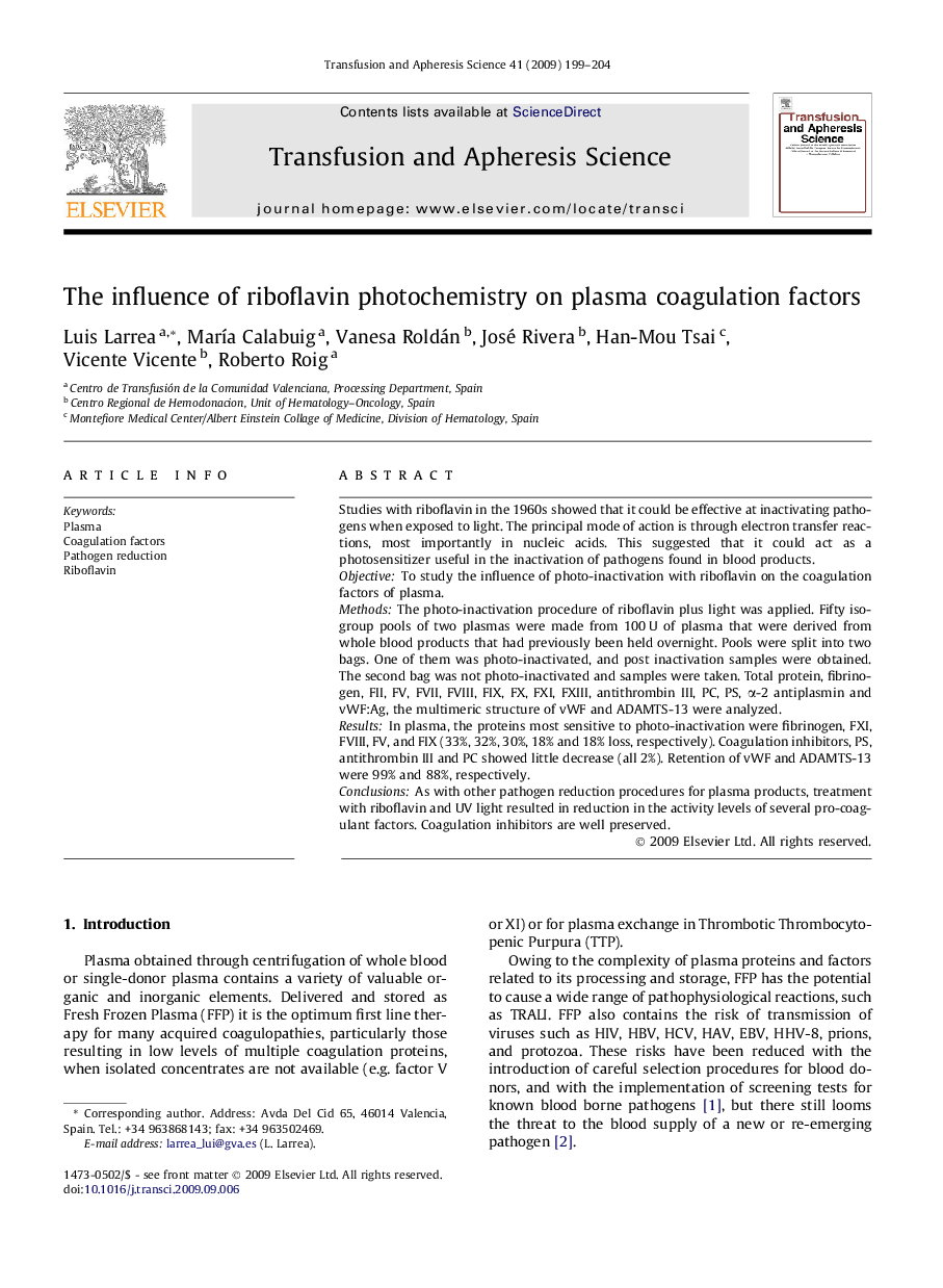 The influence of riboflavin photochemistry on plasma coagulation factors