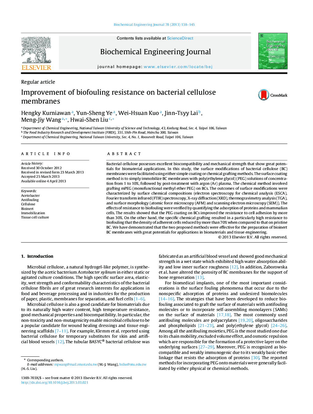 Improvement of biofouling resistance on bacterial cellulose membranes